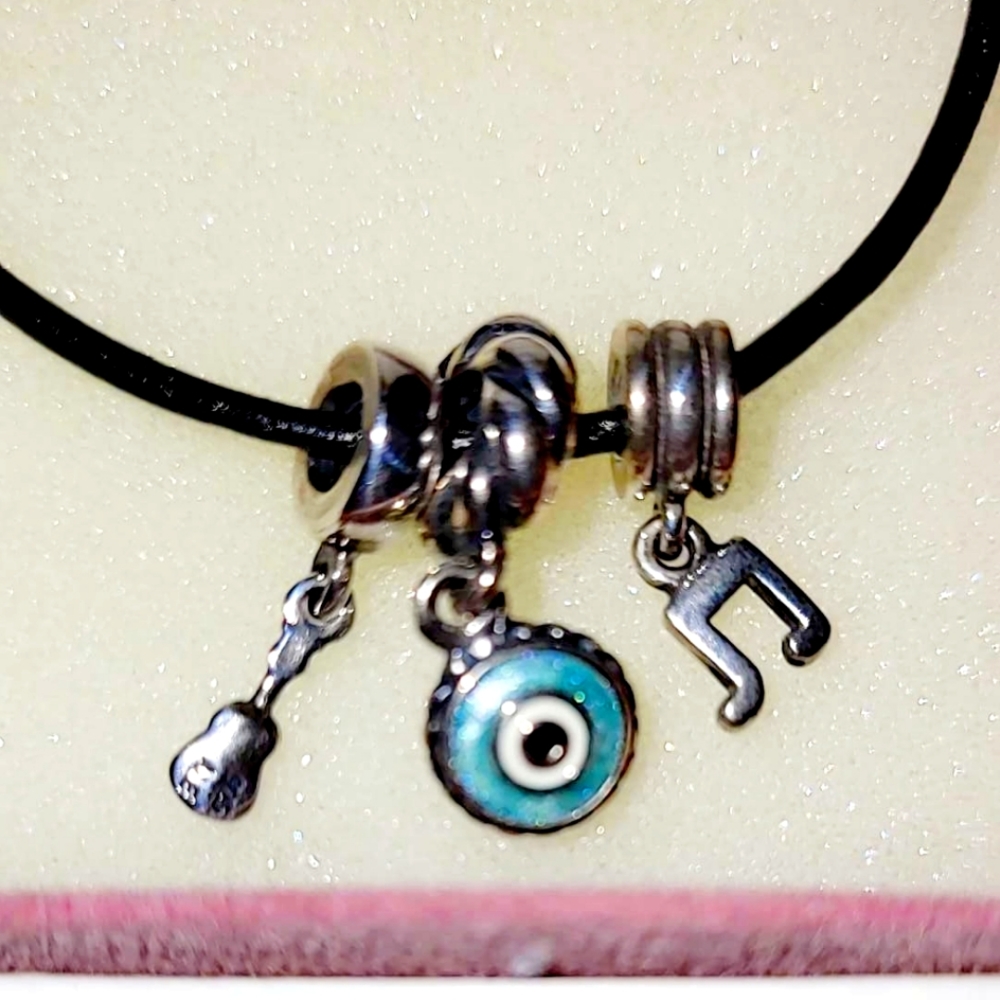 Pandora 3 charms. Evil eye. Guitar. Hebrew letter Chai.